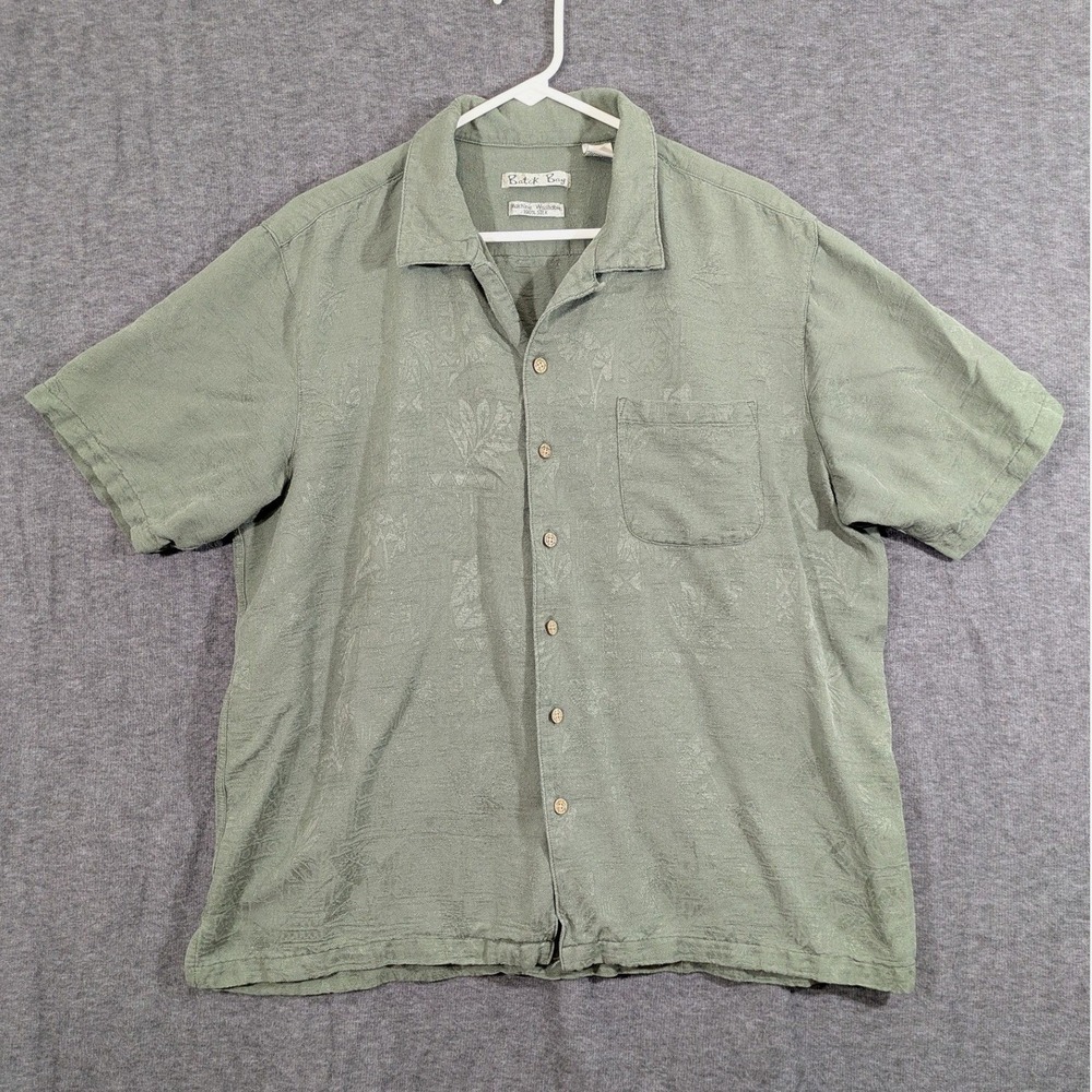 Batik Bay Men Green Hawaiian Shirt 100% Silk Washable Floral Palms Size XL